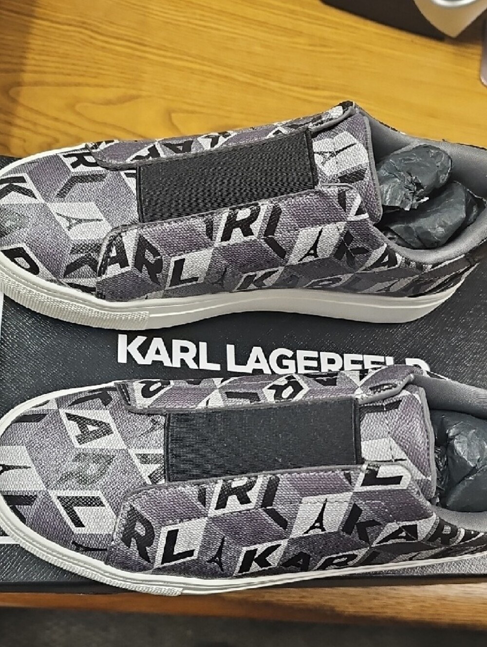 Karl Lagerfeld Black and Gray Monogram Slip-On Sneakers